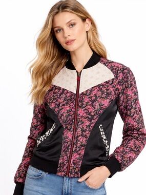 Coach Floral Silk Bomber Jacket in Black with Pink and Green S